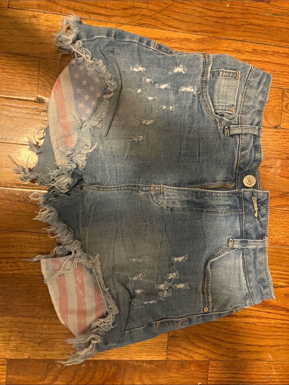 Papaya Light Blue Distressed Denim Shorts with Flag Pocket Accent